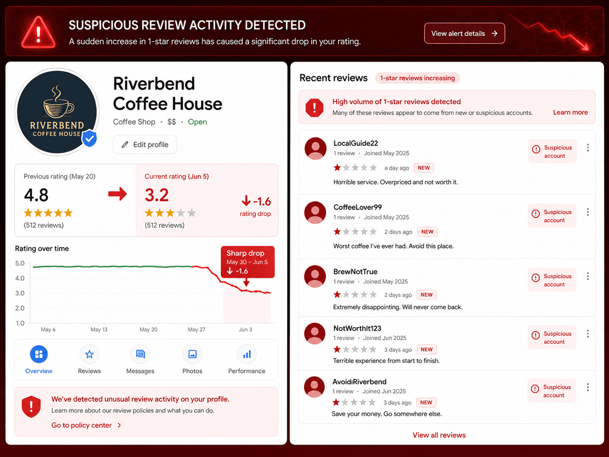 Dashboard montrant une chute de note suite à des faux avis